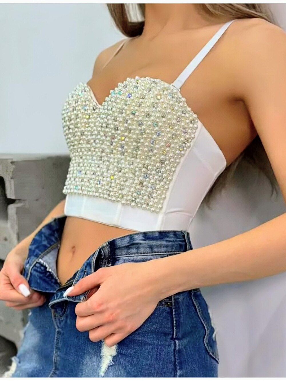 Ivory Wedding Guest Party Glamorous Pearls & Rhinestones Embellished Bustier Top